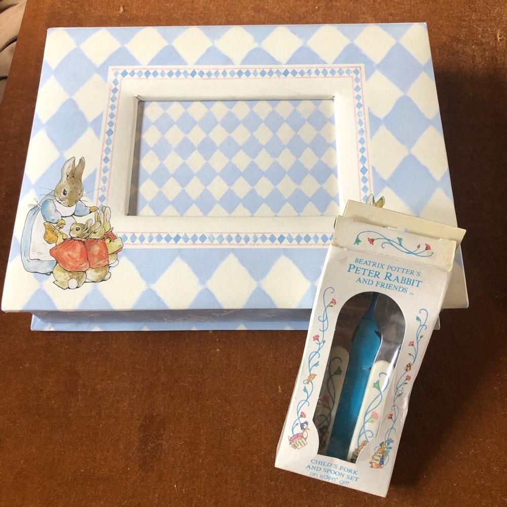 Peter Rabbit keepsake box with child spoon and fork set. Vintage